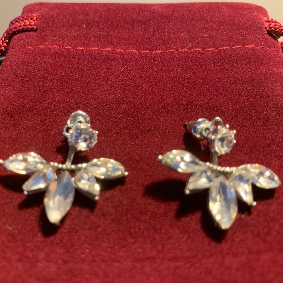 Crystal Jacket Earrings | Silver Tone Stud & Leaf Cluster Drop, Two-Piece Design - Picture 4 of 4